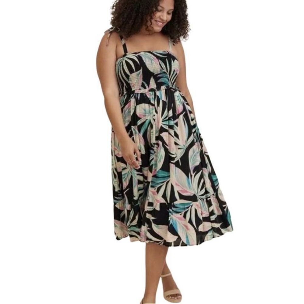 Torrid Black Tropical Print Tiered Midi Dress